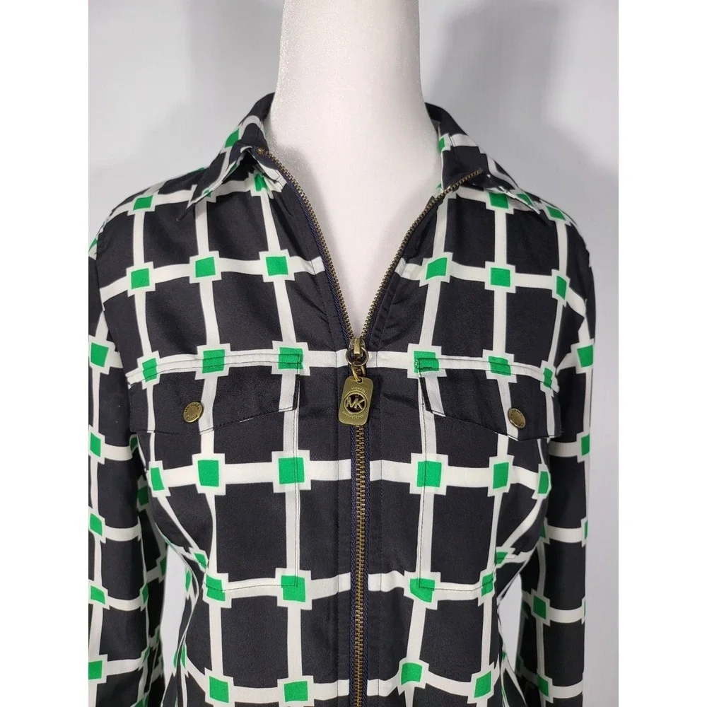 Michael Kors Womens Geometric Grid Full Zip Blouse Navy Green Long Sleeve Size S